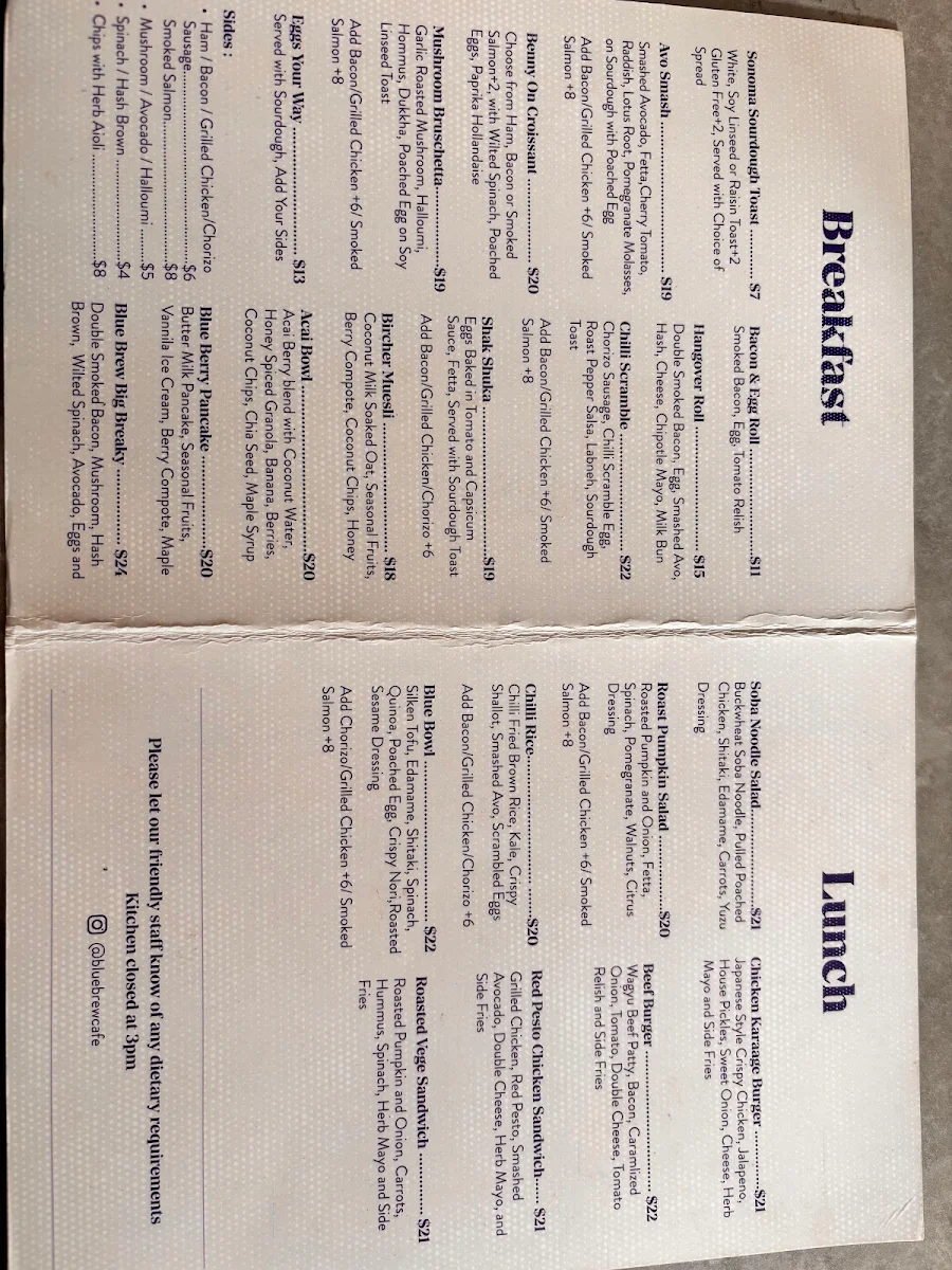 Menu, Blue Brew Cafe