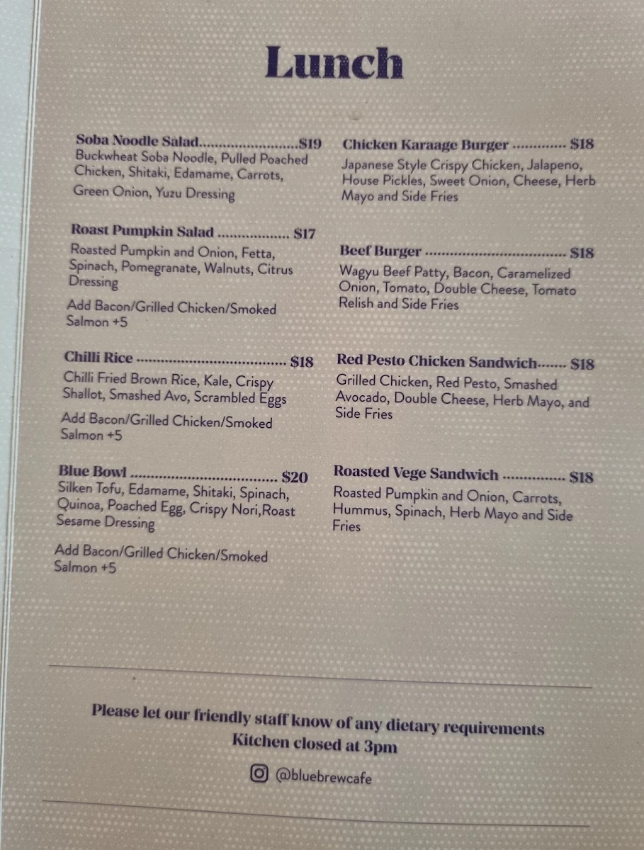 Menu, Blue Brew Cafe