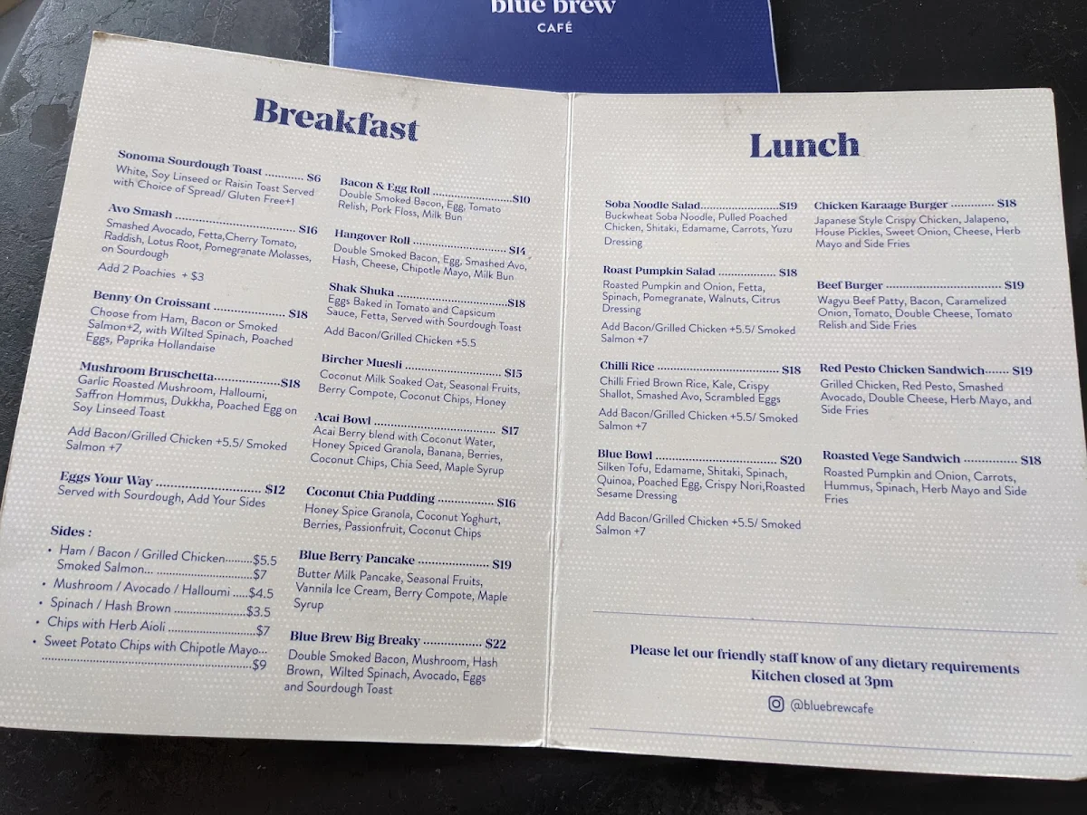 Menu, Blue Brew Cafe