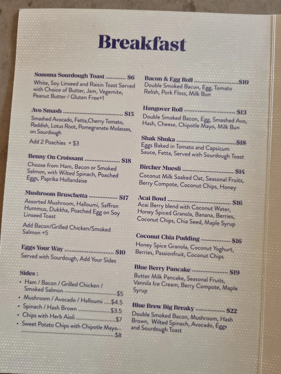 Menu, Blue Brew Cafe
