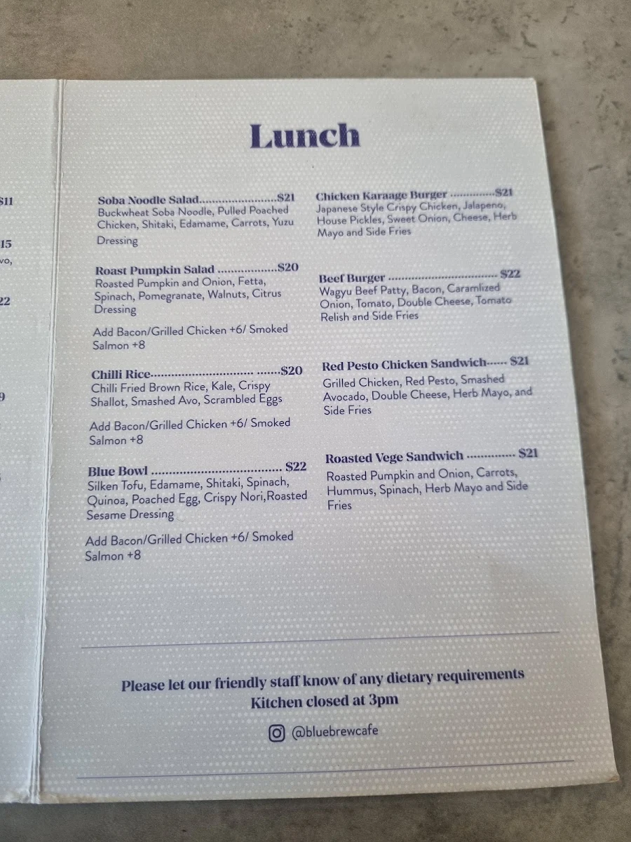 Menu, Blue Brew Cafe