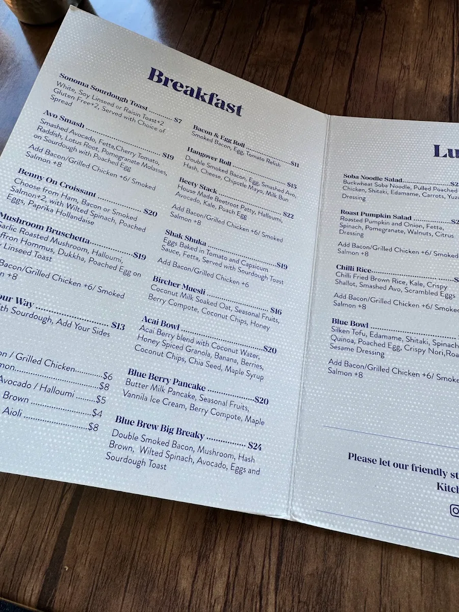 Menu, Blue Brew Cafe
