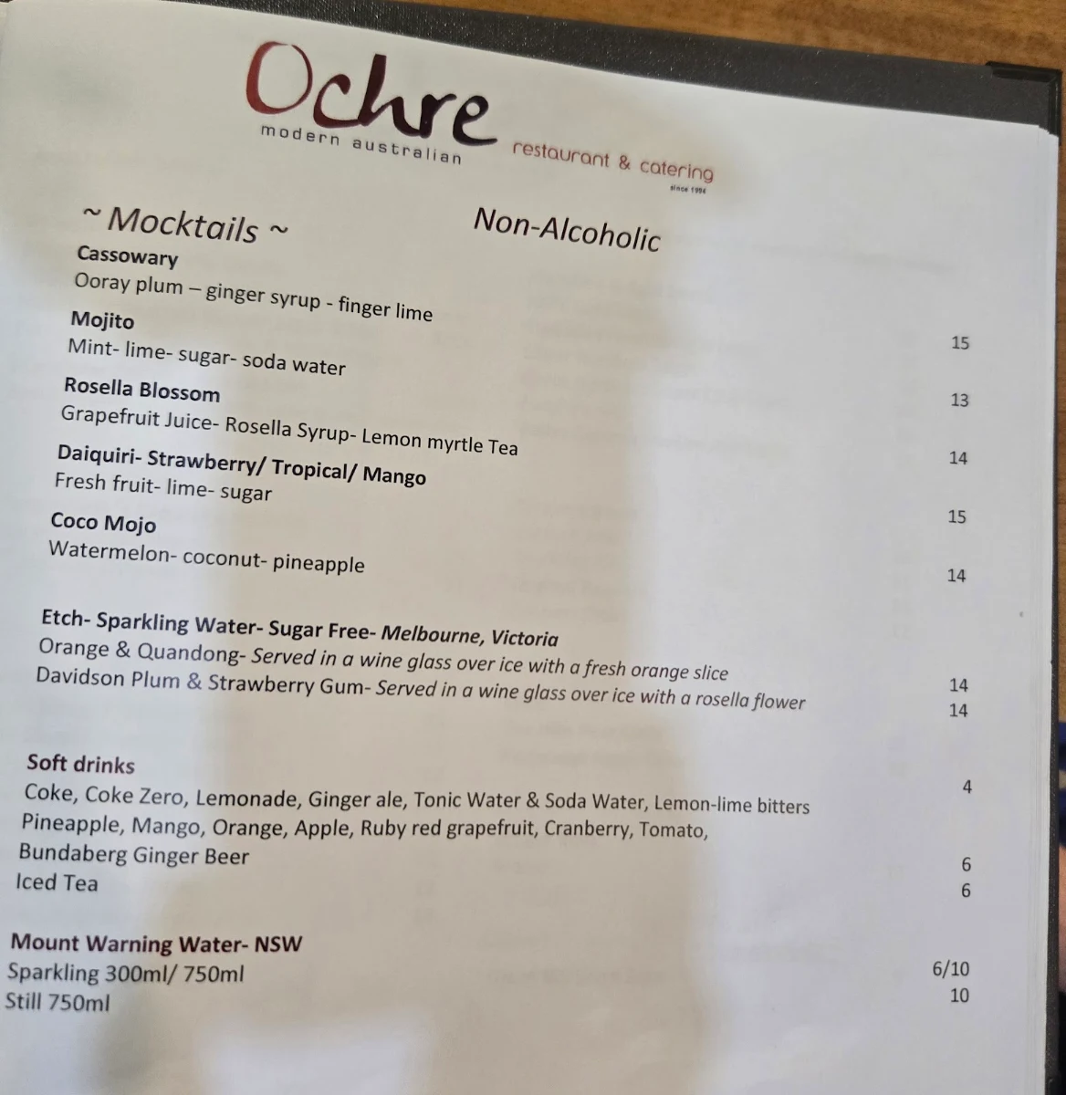 Menu, Ochre Restaurant and Catering