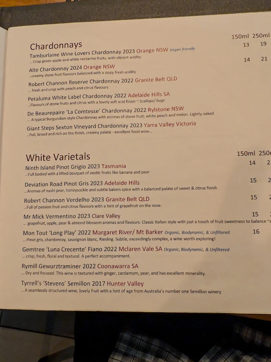 Menu, Ochre Restaurant and Catering