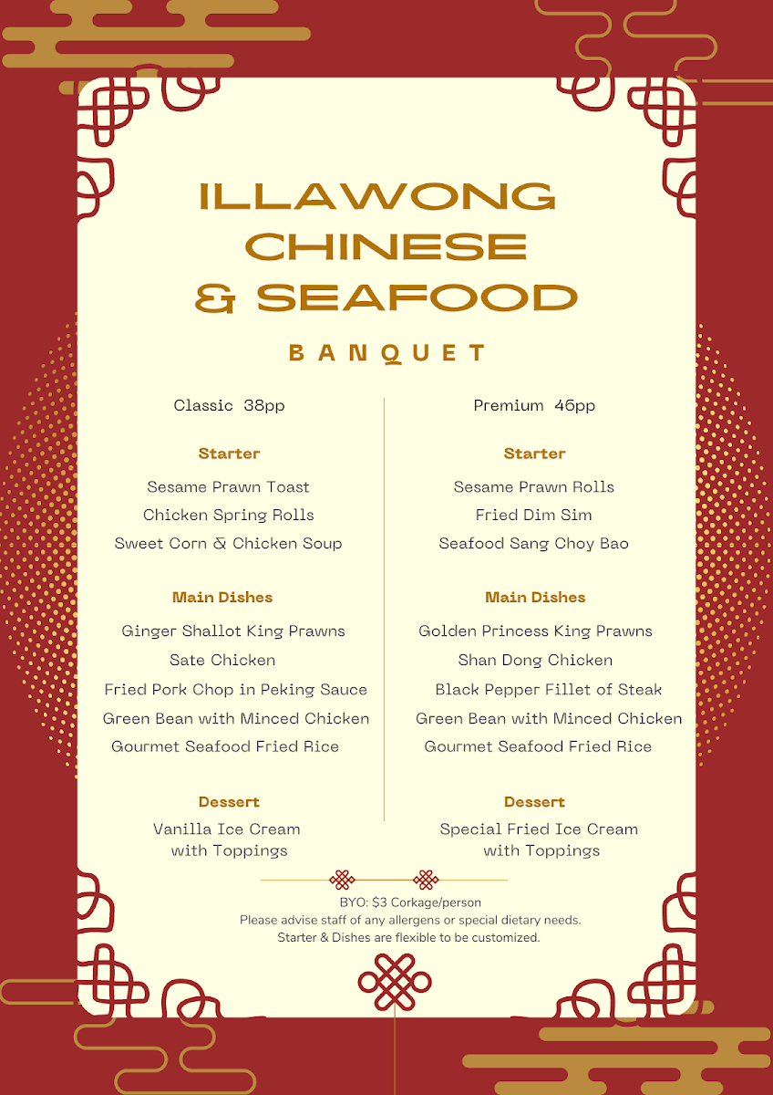 Menu, Illawong Chinese & Seafood Restaurant