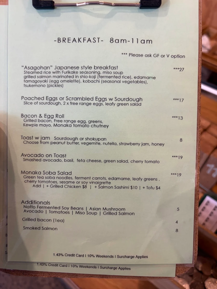 Menu, Cafe MONAKA Mona Vale