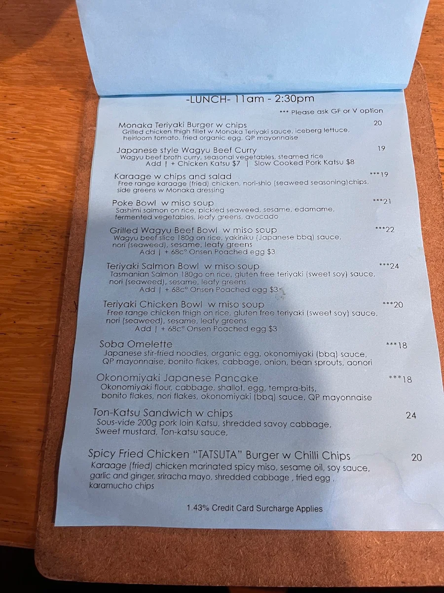 Menu, Cafe MONAKA Mona Vale