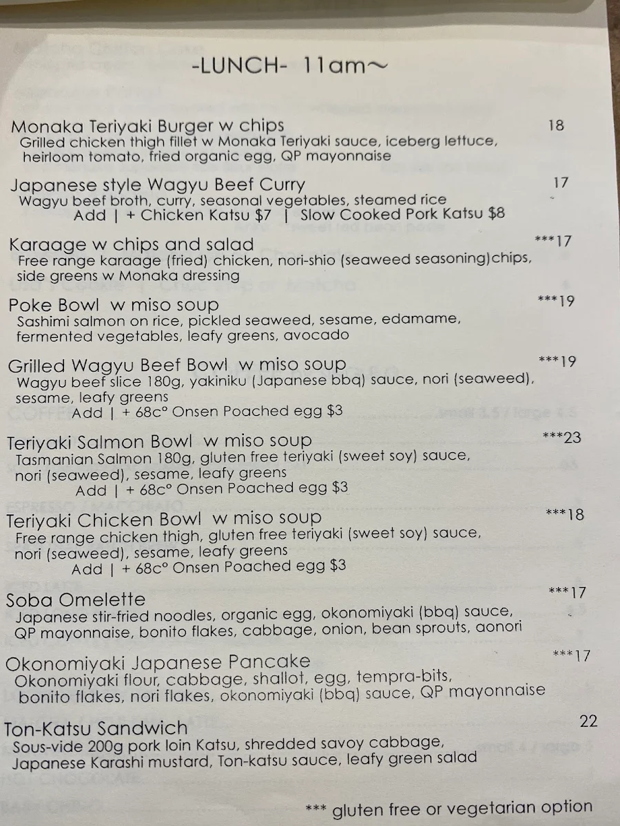 Menu, Cafe MONAKA Mona Vale