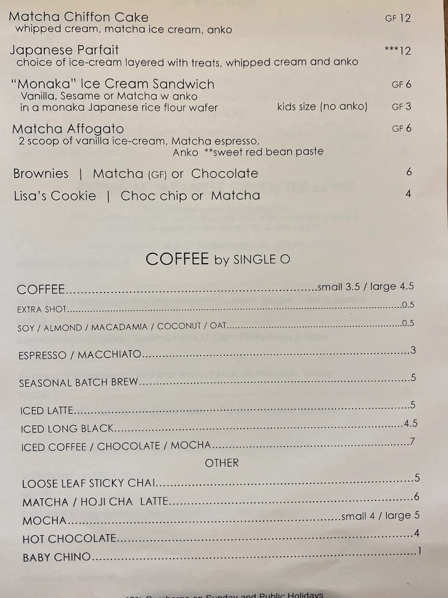 Menu, Cafe MONAKA Mona Vale