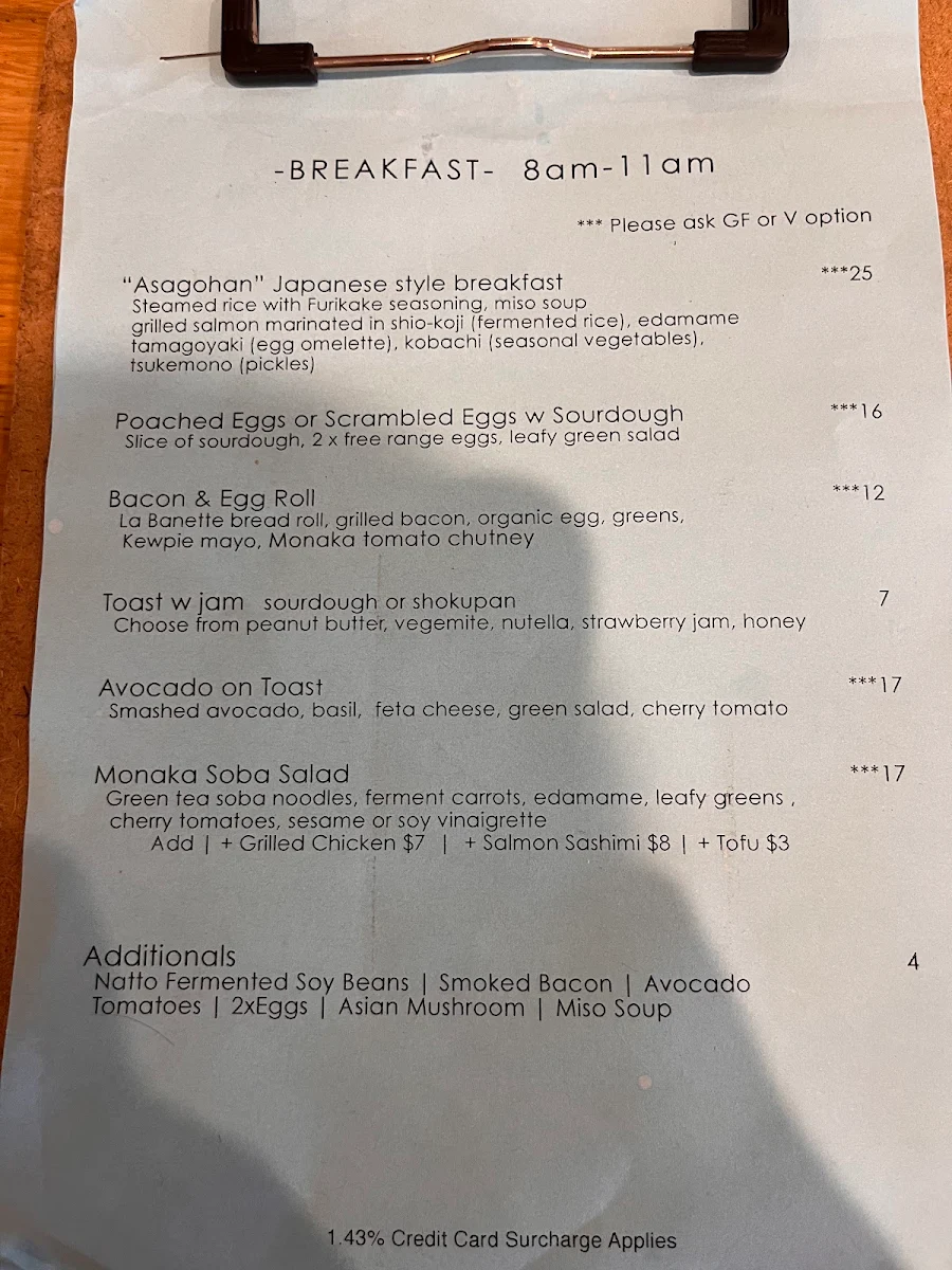 Menu, Cafe MONAKA Mona Vale