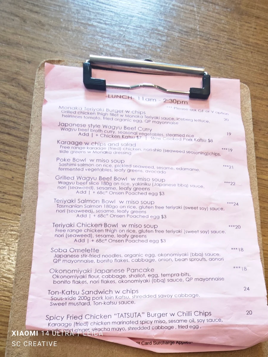 Menu, Cafe MONAKA Mona Vale
