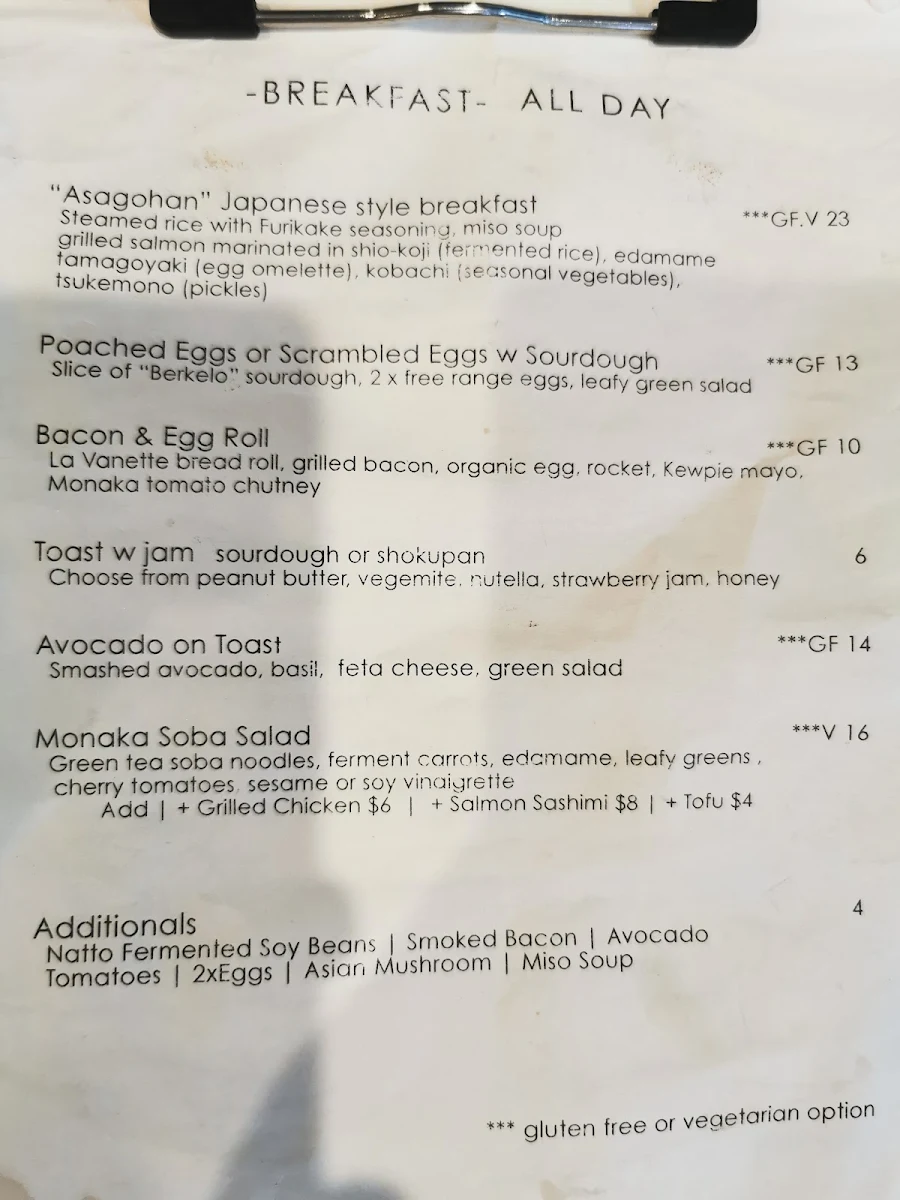 Menu, Cafe MONAKA Mona Vale