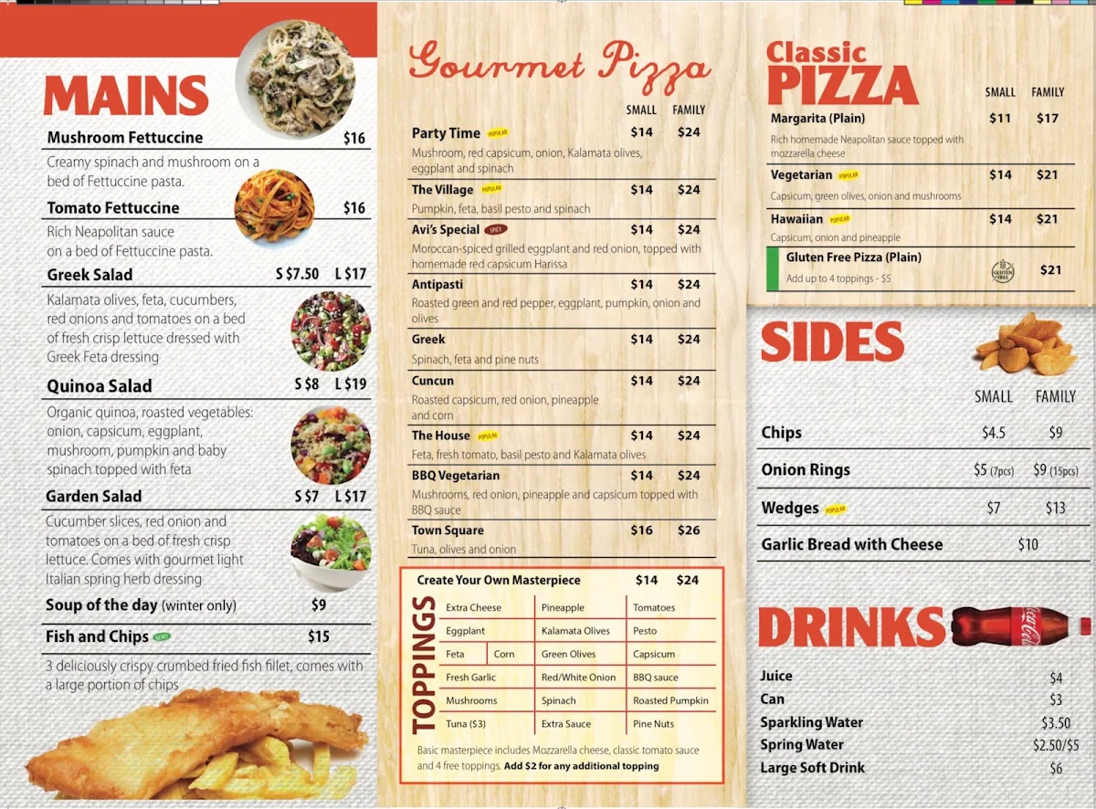 Menu, Pizza O'Clock