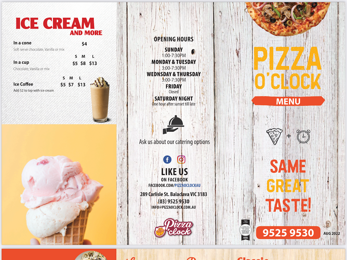 Menu, Pizza O'Clock