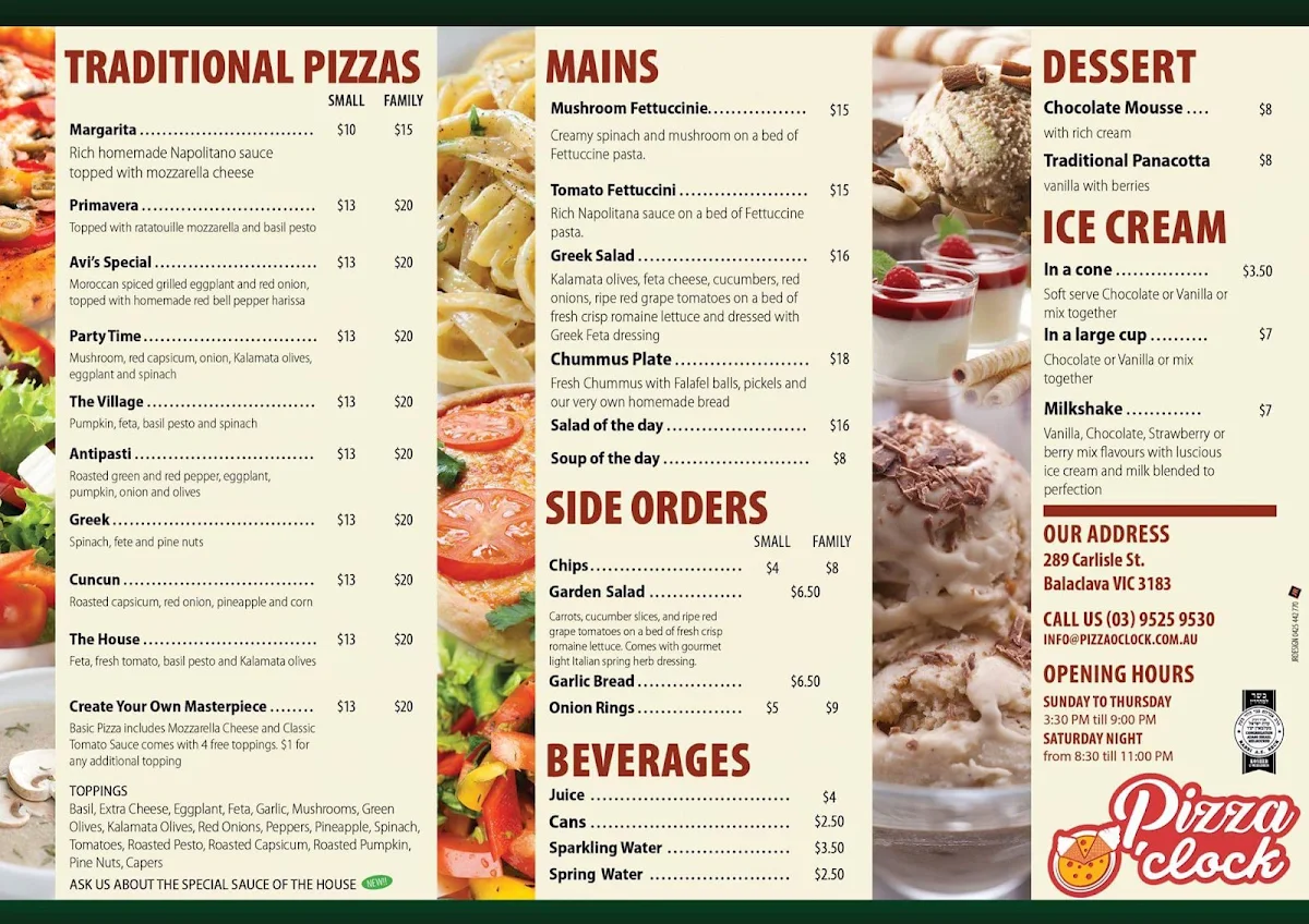 Menu, Pizza O'Clock