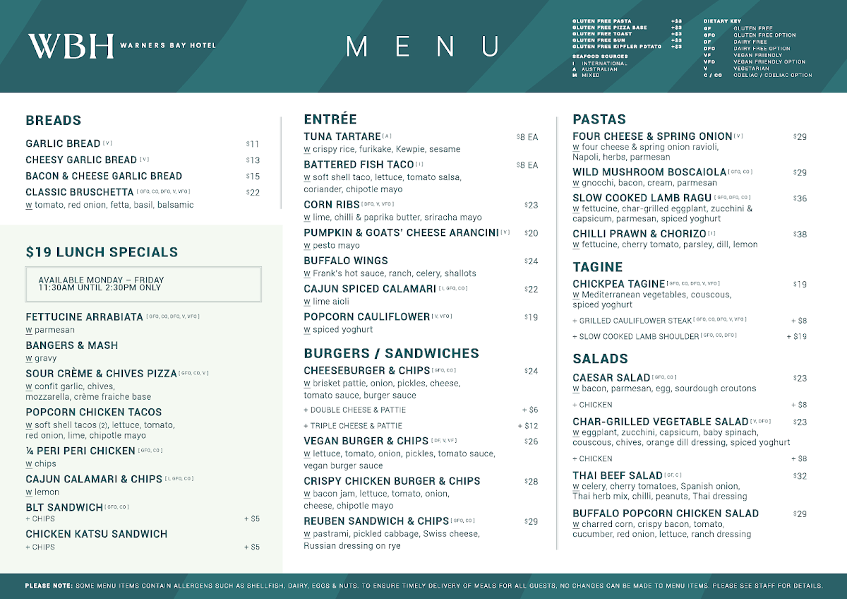 Menu, Warners Bay Hotel