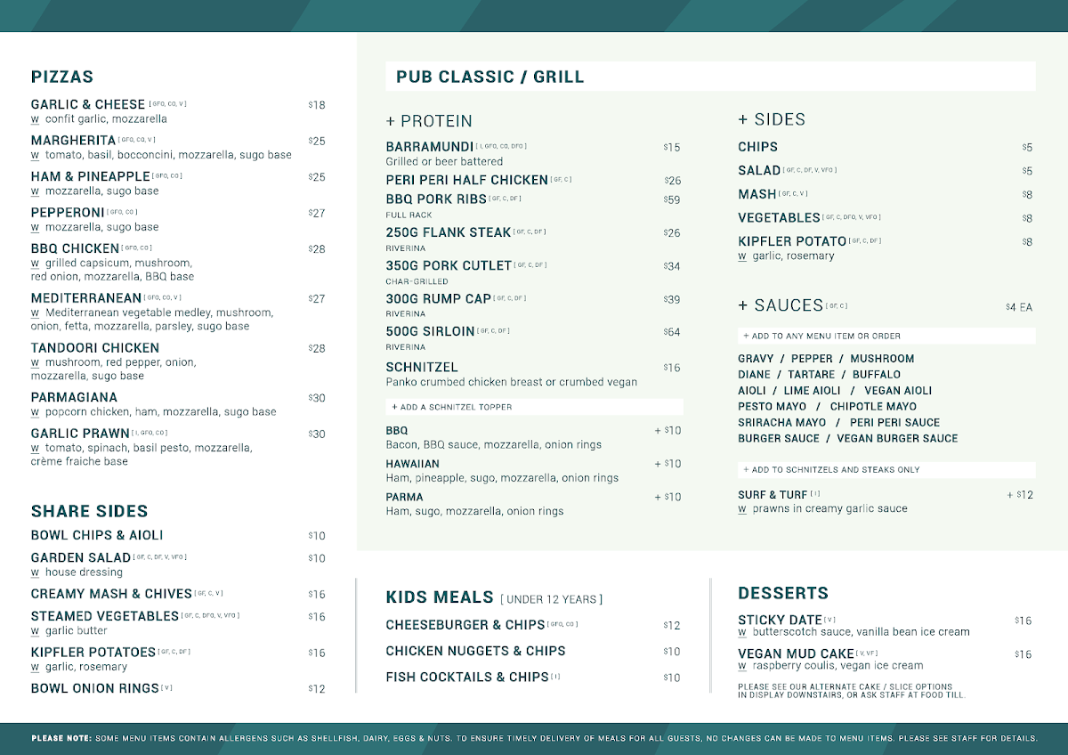 Menu, Warners Bay Hotel