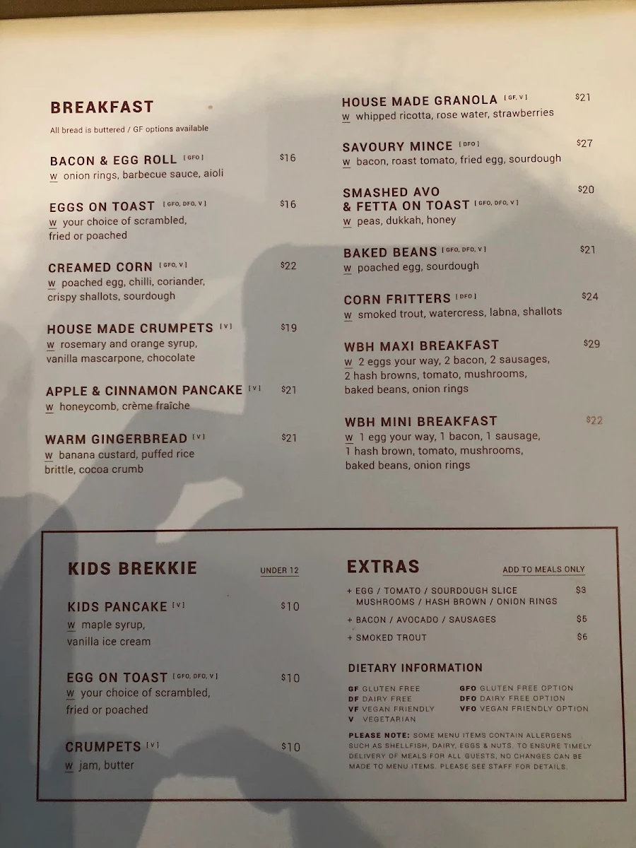 Menu, Warners Bay Hotel