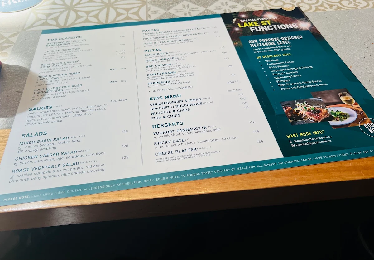 Menu, Warners Bay Hotel
