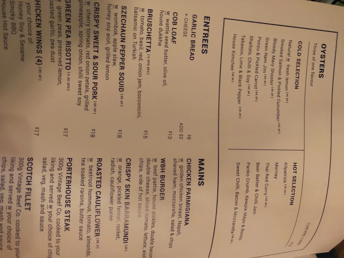Menu, Warners Bay Hotel