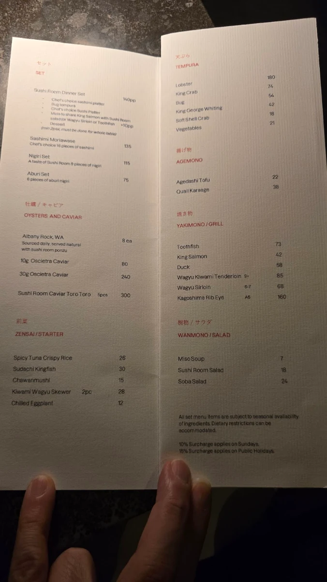 Menu, Sushi Room