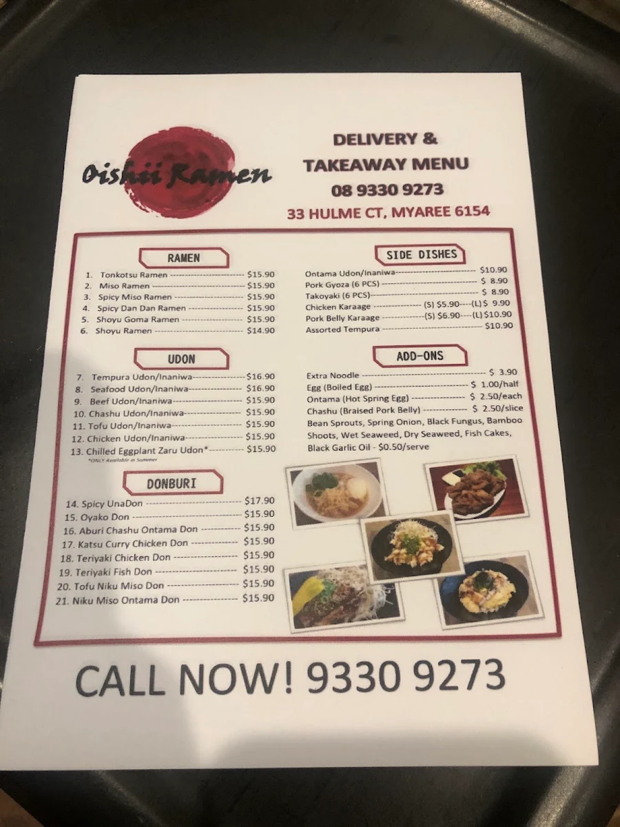 Menu, Oishii Ramen