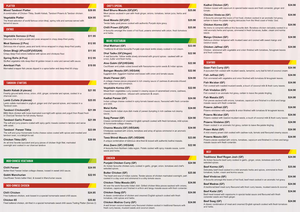Menu, Bollywood Stories Indian Restaurant