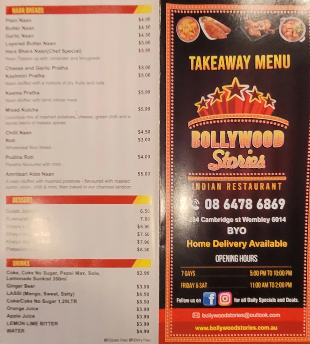Menu, Bollywood Stories Indian Restaurant