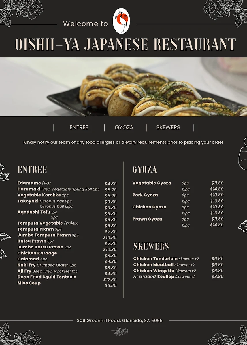 Menu, Oishii-ya japanese restaurant
