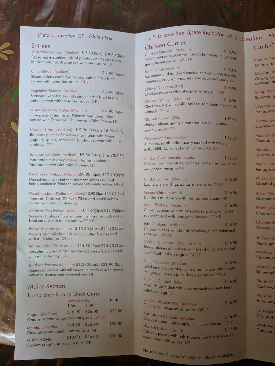 Menu, Tandoori Spice