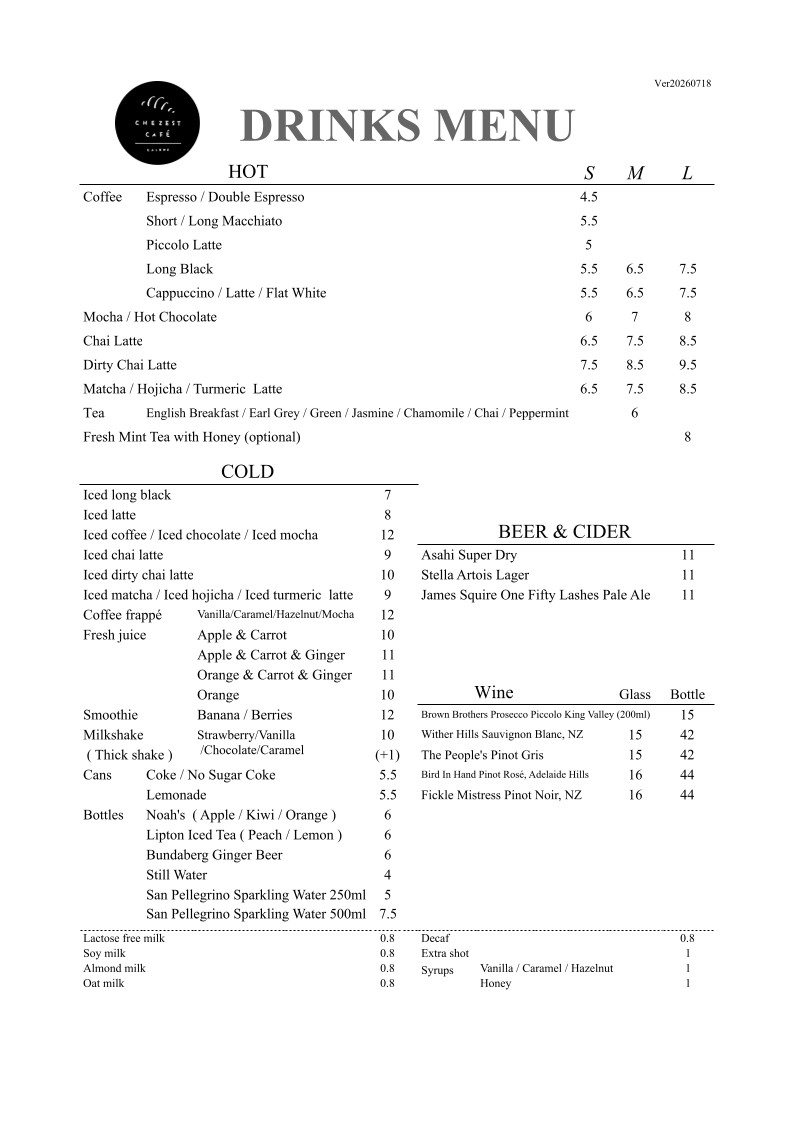 Menu, Chezest Cafe