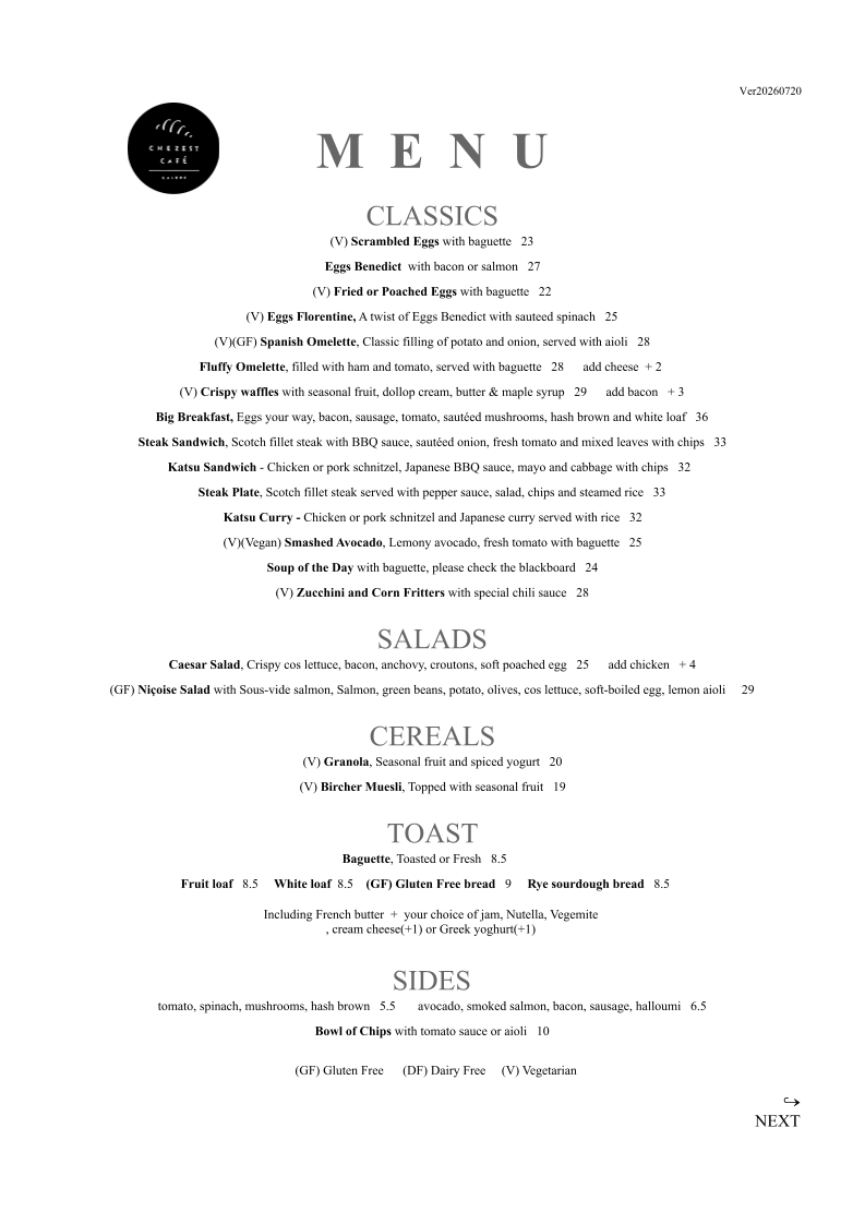 Menu, Chezest Cafe