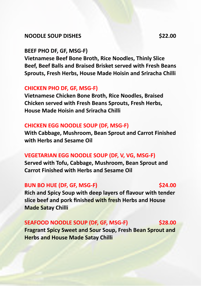 Menu, Halcyon Nest Vietnamese Restaurant