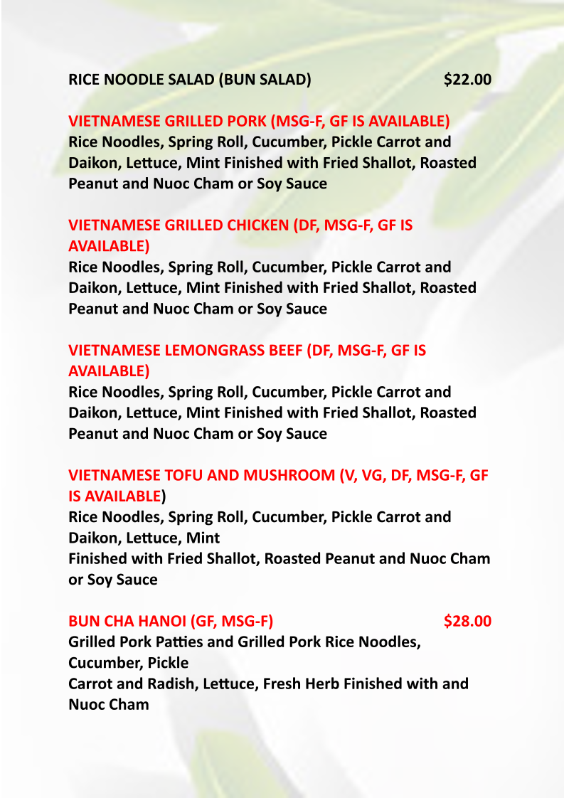 Menu, Halcyon Nest Vietnamese Restaurant