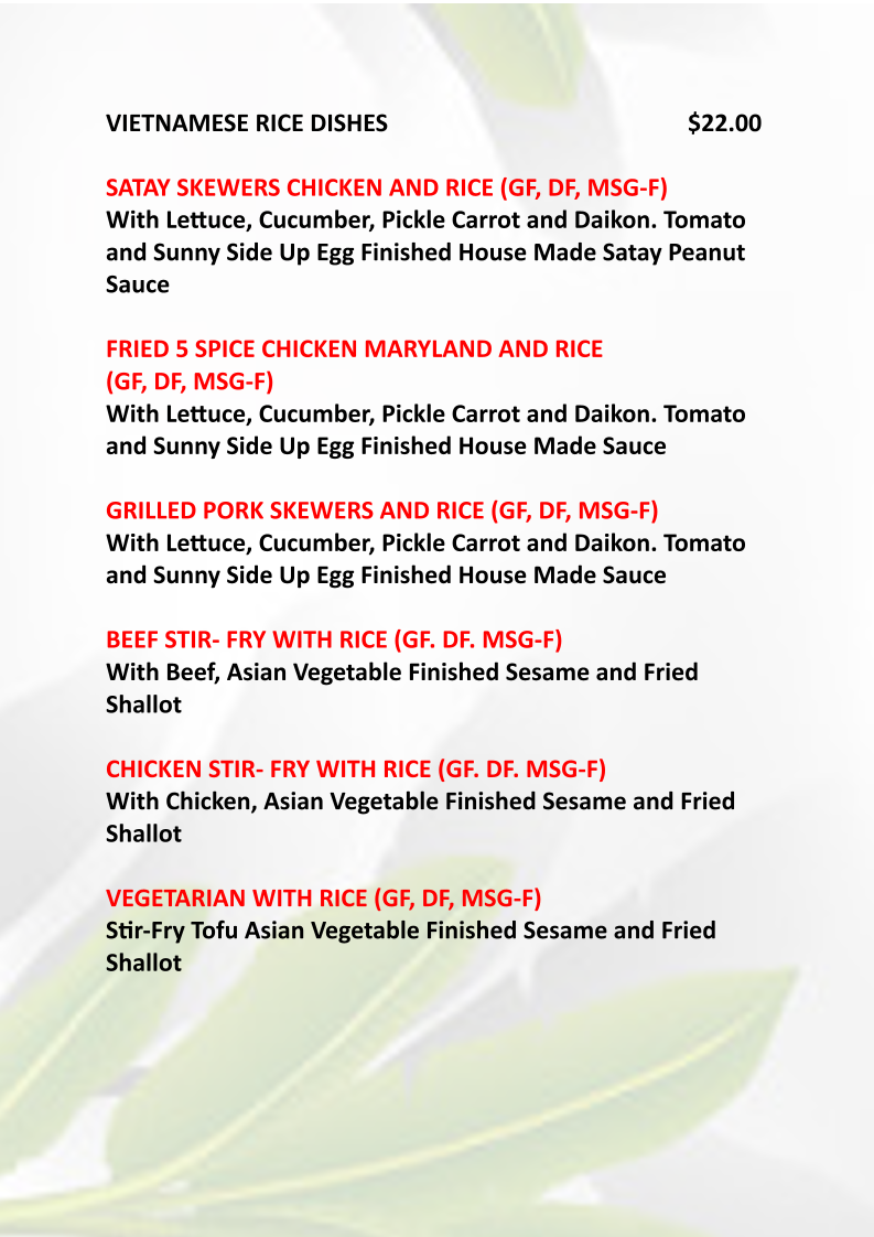 Menu, Halcyon Nest Vietnamese Restaurant