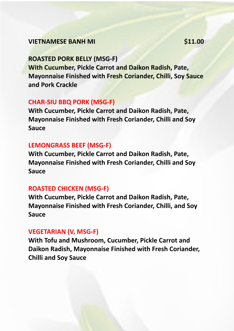 Menu, Halcyon Nest Vietnamese Restaurant