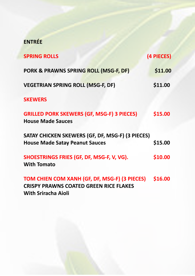 Menu, Halcyon Nest Vietnamese Restaurant