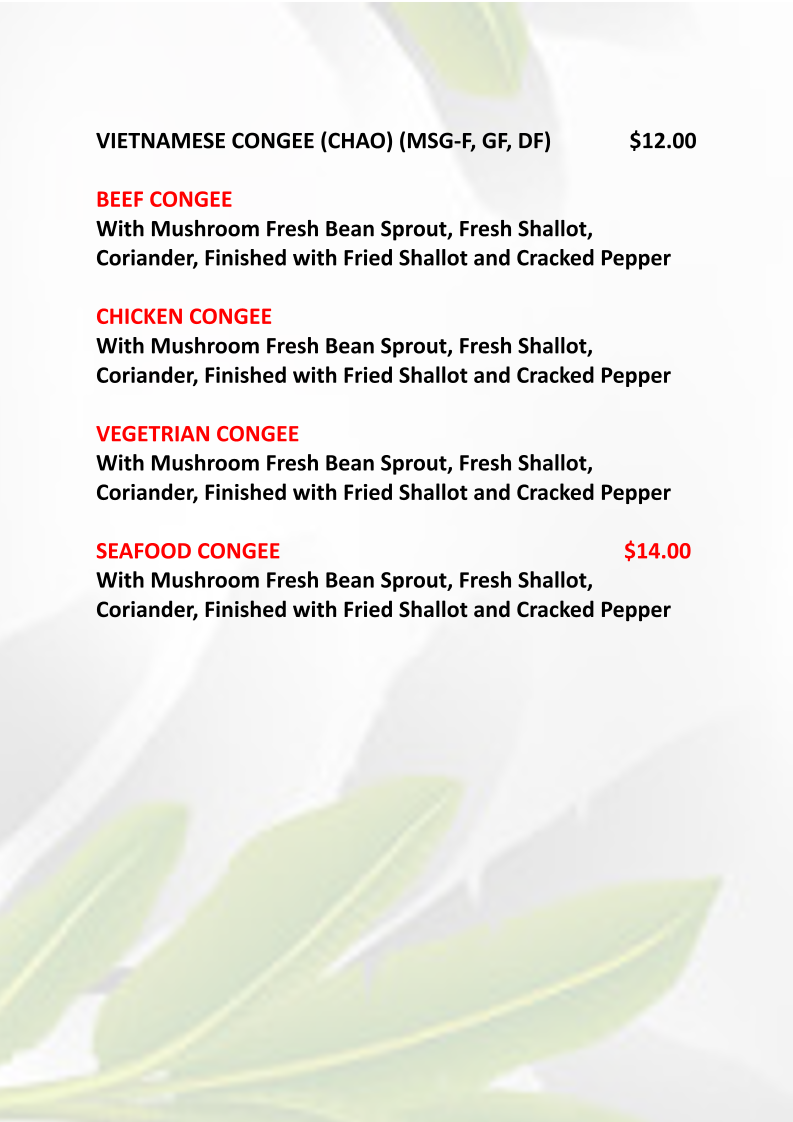 Menu, Halcyon Nest Vietnamese Restaurant