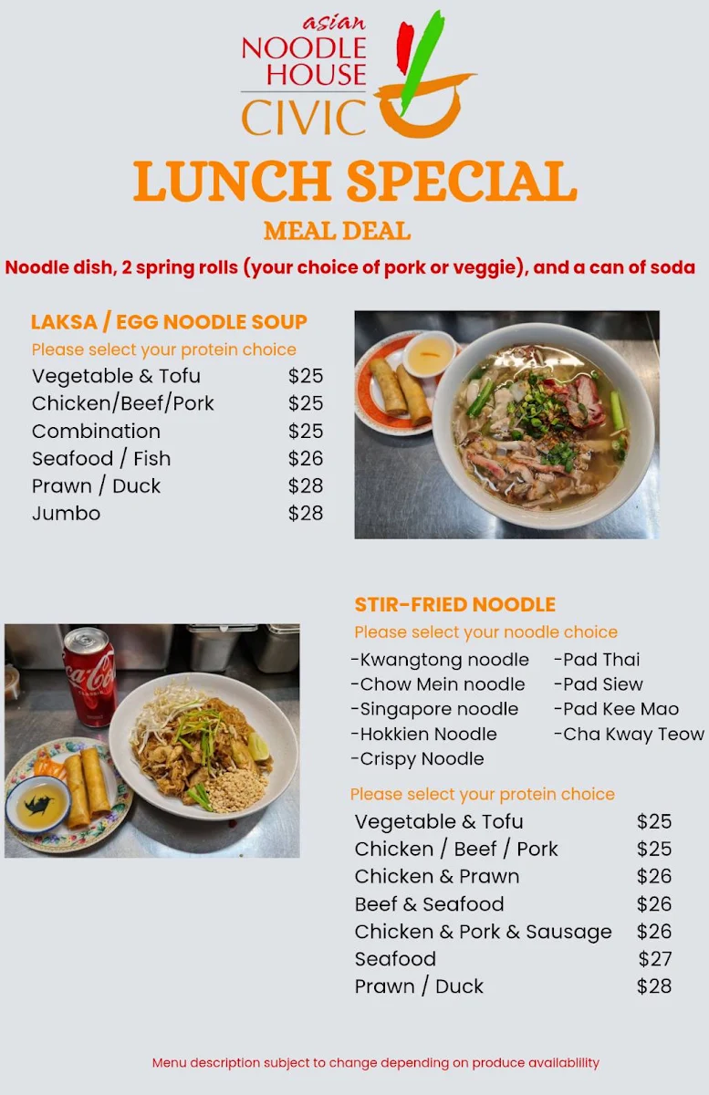 Menu, Civic Asian Noodle House