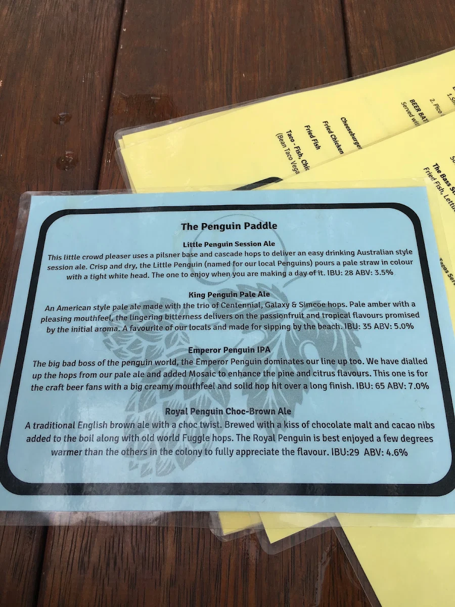 Menu, Penguin Beer Co