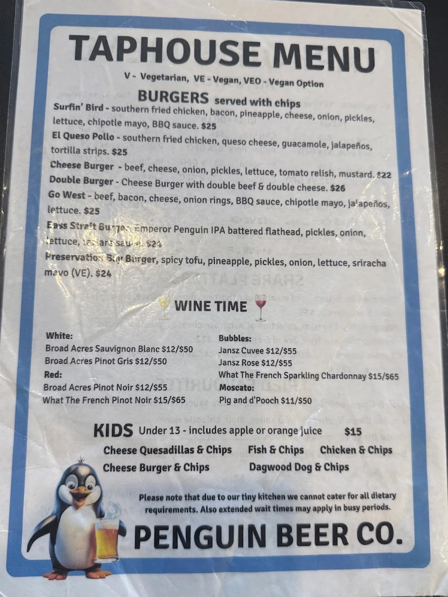 Menu, Penguin Beer Co