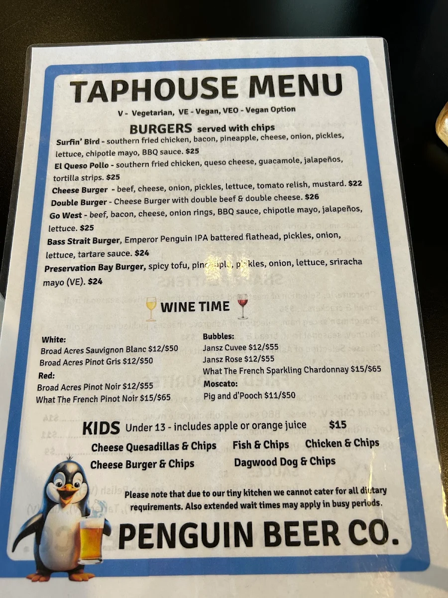 Menu, Penguin Beer Co