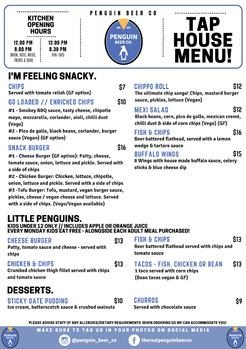Menu, Penguin Beer Co