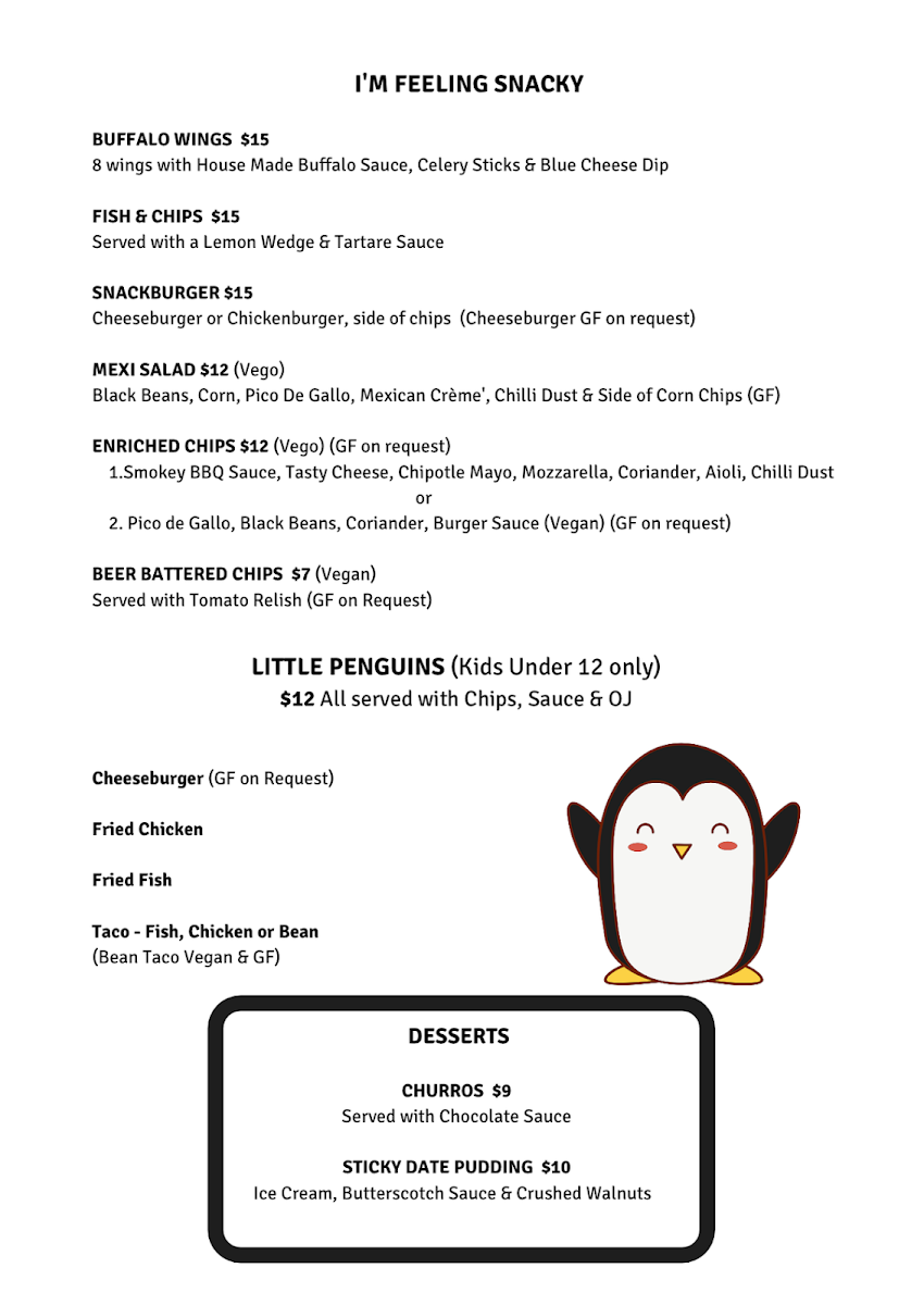 Menu, Penguin Beer Co