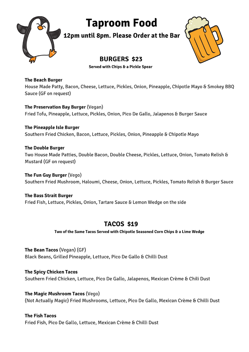 Menu, Penguin Beer Co