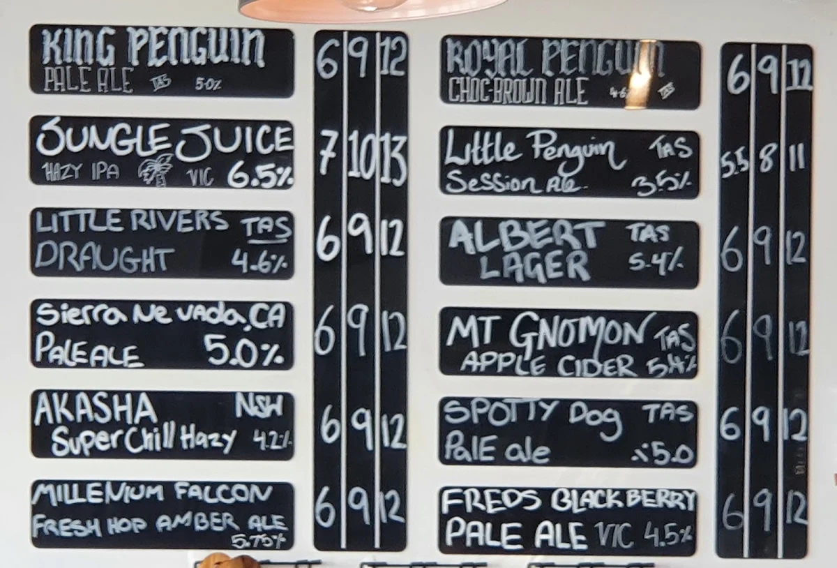 Menu, Penguin Beer Co