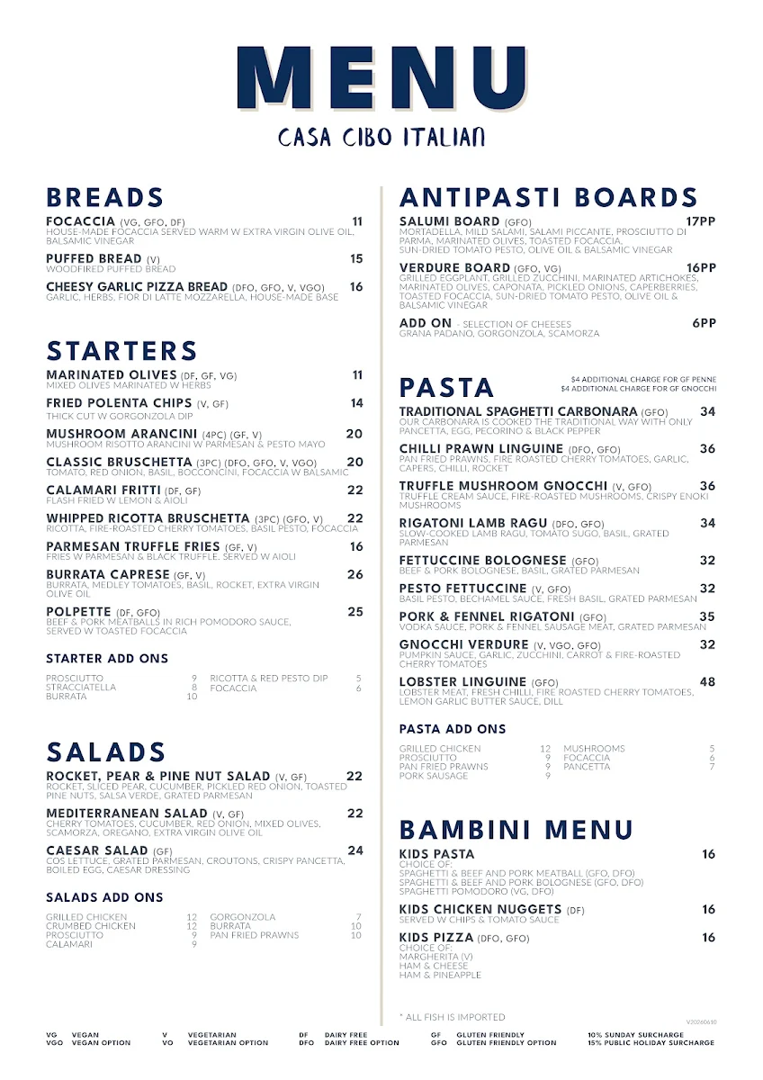 Menu, Casa Cibo