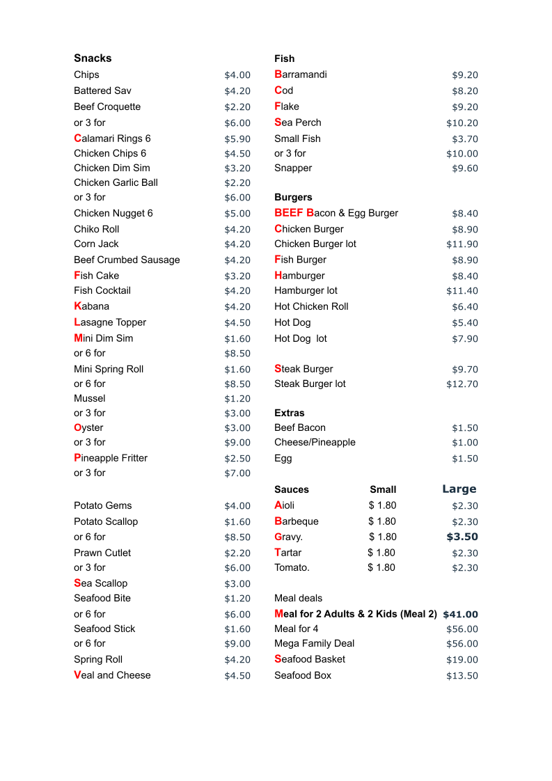 Menu, Fish Inn
