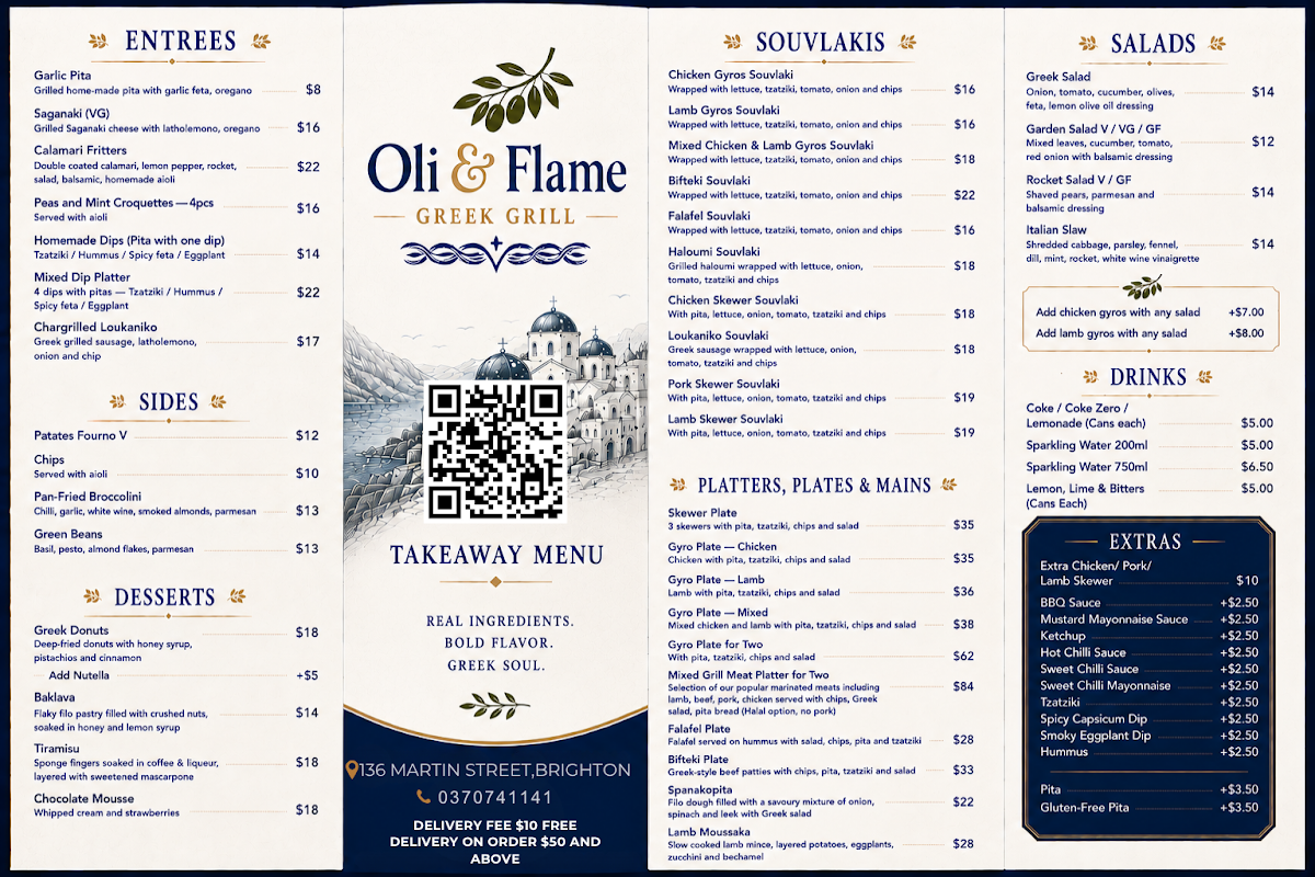 Menu, Oli & Flame Greek Grill
