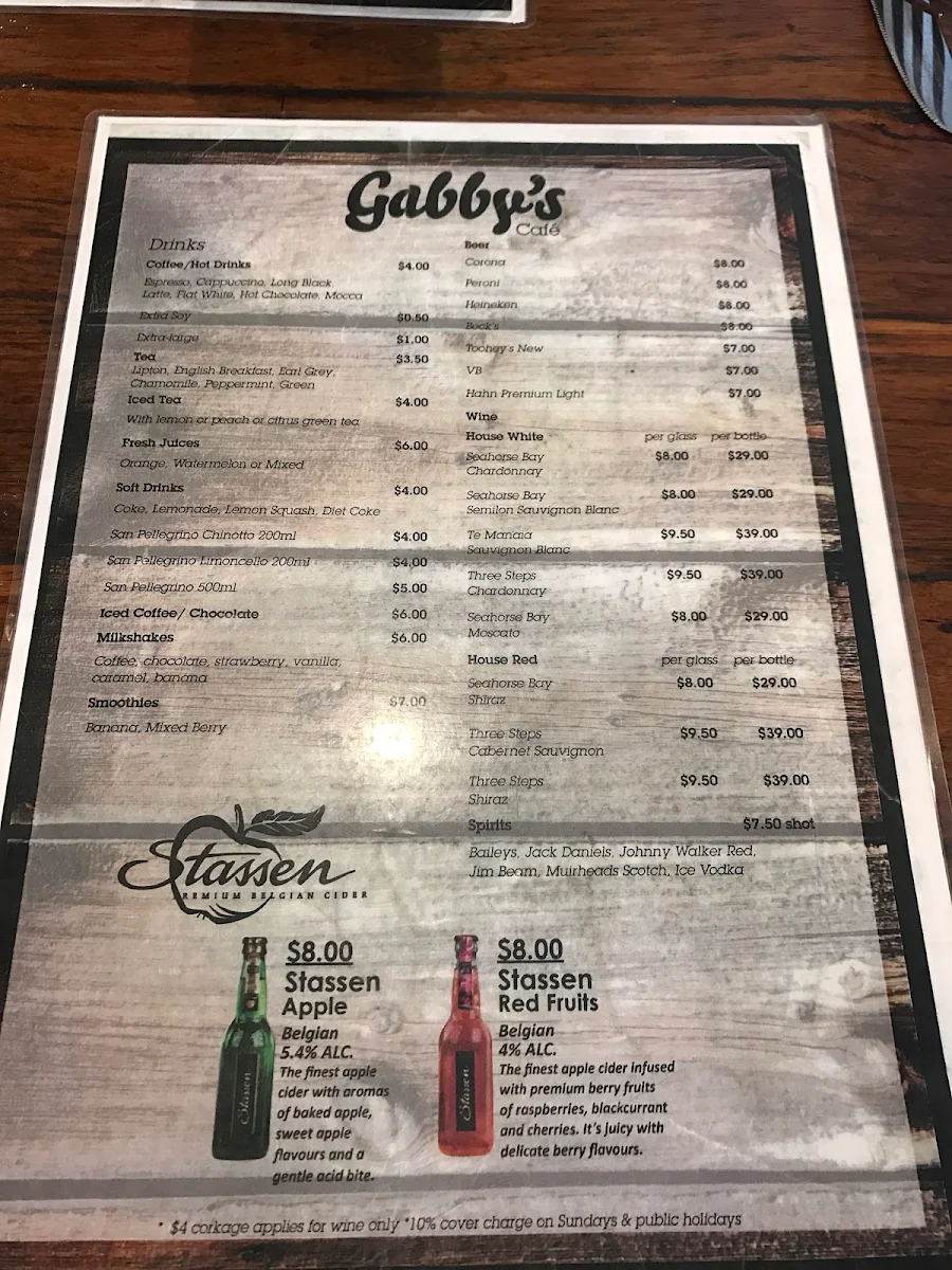 Menu, Gabbys Cafe